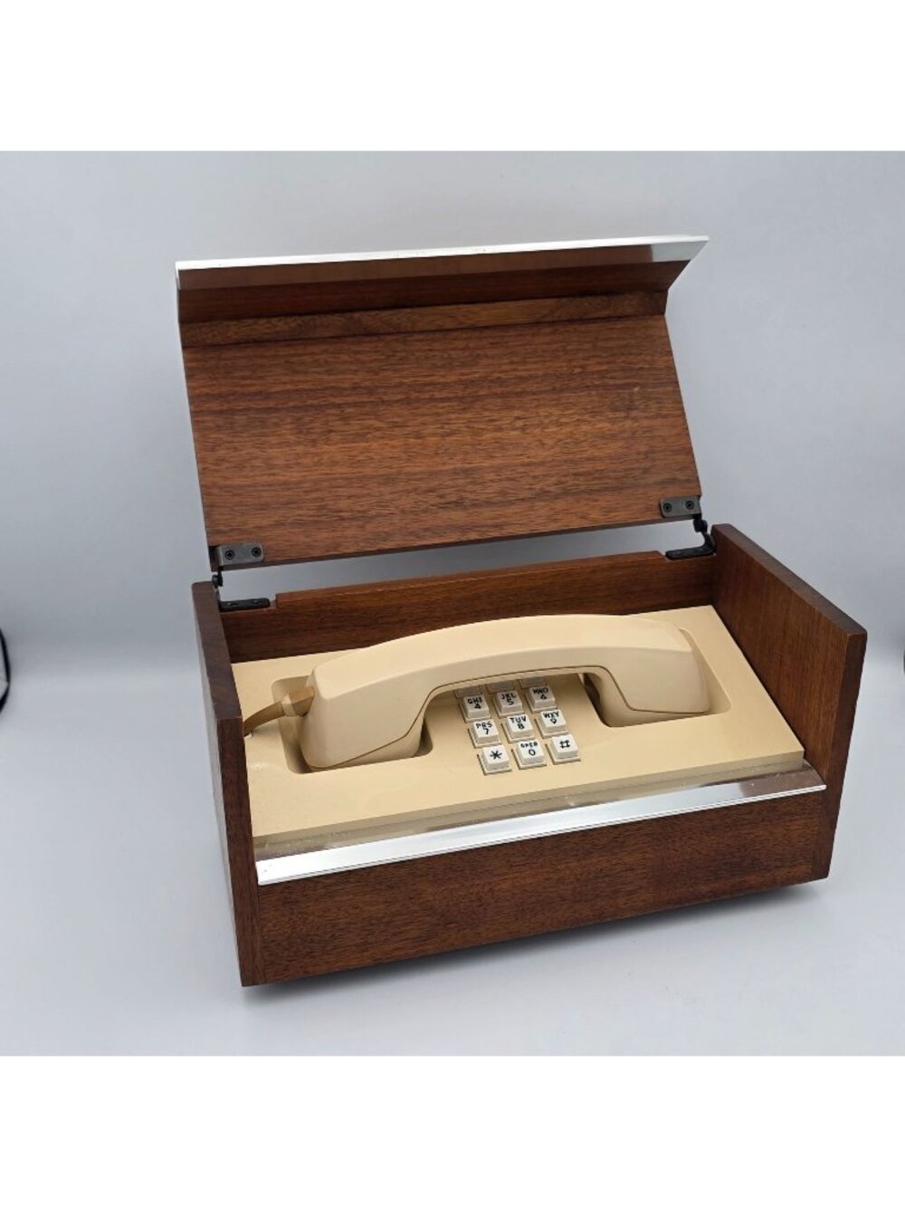Mid-Century Modern Touch-Tone Telephone In Wood Box Case Hidden 777